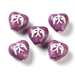 Серо-розавый Печатные ручной фарфоровые бусы, сердце с узором в виде голубя, увядшая роза, 15.5~16x16.5~17x9.5~10 мм, отверстие : 1.6 мм