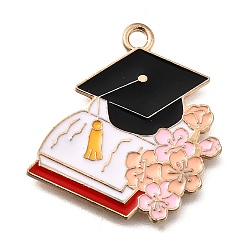 Pink Подвески из эмали и сплава, золотой свет, шапочка бакалавра с цветком и книгой, розовые, 26x25x1 мм, отверстие : 2 мм