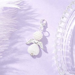 Белый Подвеска в форме сердца ангела из акрила и АБС-пластика с имитацией жемчуга, с цинковым сплавом застежками омаров коготь, белые, 43 мм, Кулон : 32x20x10 мм