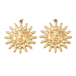 Настоящее золото 18K 304 подвески из нержавеющей стали, солнце, со стразами, ионное покрытие (ip), с целью перехода в кольце, реальный 18 k позолоченный, 37.5x34.5x3.5 мм