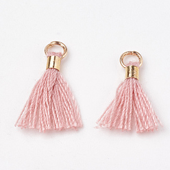 Pink Кулон с кисточкой из поликоттона (полиэстер), мини-кисточка, с латунными застежками и железными кольцами, золотой свет, розовые, 10~15x3~4 мм, отверстие : 2 мм