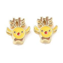 Олень Рождественские латунные эмалевые бусины, без свинца и без кадмия, долговечный, реальный 18 k позолоченный, стойки покрытие, олень, 15x13.5x5 мм, отверстие : 2 мм