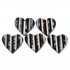 Light Sea Green Stripe Resin & Walnut Wood Pendants, Heart, Light Sea Green, 37.5x39x3.5mm, Hole: 2mm