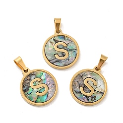 Letter S Вакуумное покрытие pvd 304 нержавеющая сталь с подвесками из ракушек пауа, золотые, плоский круглый с подвеской в виде буквы, letter.s, 18x16x1.5 мм, отверстие : 3x6 мм