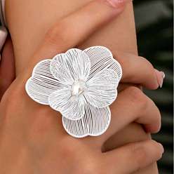 Platinum Zinc Alloy Rhinestone Cuff Open Rings for Women, Flower, Brass Rings, Platinum, 45x45mm, Adjustable