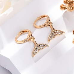 Золотой Серьги с застежкой-защелкой из латуни с прозрачным фианитом и прозрачным фианитом, долговечный, стойки покрытие, без свинца и без кадмия, рыбий хвост, золотые, 24.5x13 мм