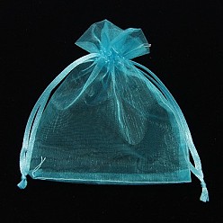 Sky Blue Organza Gift Bags, Jewelry Mesh Pouches for Wedding Party Christmas Gifts Candy Bags, with Drawstring, Rectangle, Sky Blue, 12x10cm