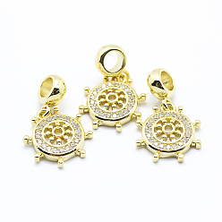 Golden Brass Micro Pave Cubic Zirconia European Dangle Pendants, Large Hole Pendants, Helm, Golden, 24mm, Hole: 4mm, Pendant: 15.5x14x3mm