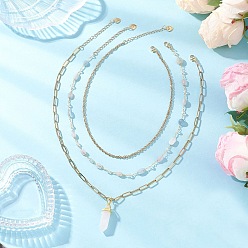 Розовый Кварц Подвеска в виде пули с двумя концами из натурального розового кварца 304 цепочка из нержавеющей стали и латуни 3 многослойные ожерелья для женщин, золотые, 14.88~18.23 дюйм (37.8~46.3 см), 3 шт / комплект