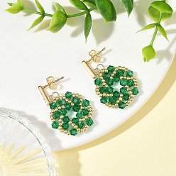Green Flower Glass Beaded Dangle Earrings, Brass Seed Beads & 304 Stainless Steel Stud Earrings for Women, Golden, Green, 33x22mm