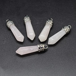 Розовый Кварц Заостренные подвески из натурального розового кварца из сплава с платиновым покрытием, без кадмия и без свинца, 33~40x8~9 мм, отверстие : 3x4 мм