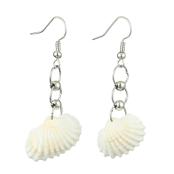 White Nautural Shell Dangle Earrings, Iron Drop Earrings, White, 49x20~22.5mm