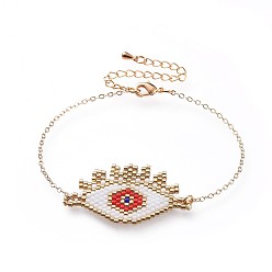 Red Japanese Seed Beads Link Bracelets, with Brass Cable Chains and Lobster Claw Clasps, Eye, Real 18K Gold Plated, Red, 7-3/8 inch(18.8cm)