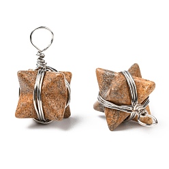 Пейзажный Джаспер Естественного изображения яшмы подвески, с латунной фурнитурой , Звезда Меркабы, платина, 24~27x17x17 мм, отверстие : 3.5~4 мм