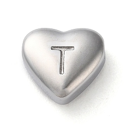 Letter T 201 Stainless Steel Beads, Stainless Steel Color, Heart, Letter T, 7x8x3.5mm, Hole: 1.5mm