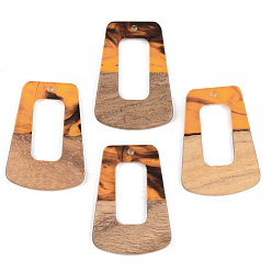 Orange Resin & Walnut Wood Pendants, Trapezoid, Orange, 37.5x27x3mm, Hole: 2mm