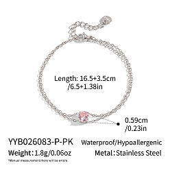 Pink 304 Браслеты из нержавеющей стали с плоскими круглыми кубическими циркониями 2 Браслеты-нити для женщин, цвет нержавеющей стали, розовые, 6.50 дюйм (16.5 см)