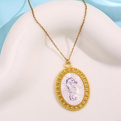 Oval Подвеска в виде морского конька из акрила с морской тематикой 201 цепочка из нержавеющей стали для женщин, золотые, синий и белый, овальные, 15.91 дюйм (40.4 см)