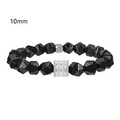 Нержавеющая Сталь Цвет Многоугольные браслеты из натурального черного агата, выполненные из эластичных бусин., 304 Ювелирные изделия из нержавеющей стали и стразов для мужчин и женщин, цвет нержавеющей стали, 7.09~7.48 дюйм (18~19 см)