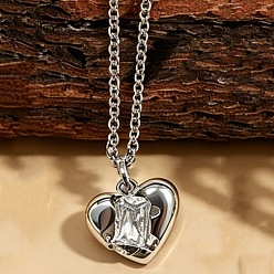 Heart Brass Pave Clear Cubic Zirconia Pendant Necklaces for Women, Platinum, Heart, 17.72 inch(45cm), Pendant: 12x11mm