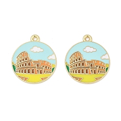 Светло-голубой Подвески из эмали и сплава, золотые, плоский круглый с шармом римского Колизея, светло-голубой, 26x23x1 мм, отверстие : 1.8 мм