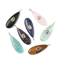 Смешанные камни Природные смешанные подвески драгоценных камней, подвески-слезинки с латунной микропаве из кубических цирконий (случайного цвета), золотые, смешанные окрашенные и неокрашенные, 41x13x7 мм, отверстие : 2.5x4 мм