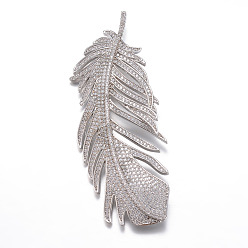 Platinum Brass Micro Pave Cubic Zirconia Big Pendants, Feather, Platinum, 80x31x5mm, Hole: 3mm