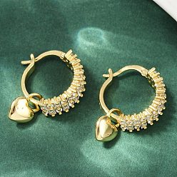 Настоящее золото 18K Серьги-кольца из латуни с микропаве и прозрачным кубическим цирконием в форме сердца, сердце прелести, без кадмия и без свинца, стойки покрытие, долговечный, реальный 18 k позолоченный, 30x7.5 мм
