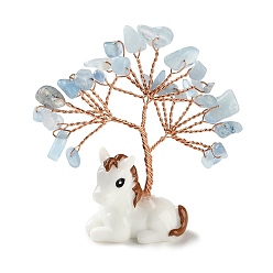 Аквамарин Натуральные аквамариновые чипсы дерево жизни украшения, Подставка для лошади из смолы с медной проволокой, подарок в стиле фэн-шуй для украшения рабочего стола дома или в офисе, 67~73x19.5~20x68~73 мм