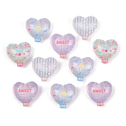 Purple Printed Opaque Acrylic Beads, Heart-shape Hot Air Balloon, with Glitter Powder, Purple, 20.5x21x12mm, Hole: 3mm, about 10pcs/set
