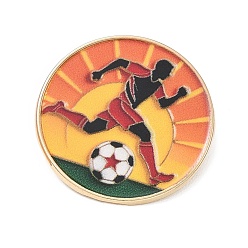 Dark Orange Football Theme Alloy Enamel Pins, Golden Lapel Pin Backs for Backpack Clothes, Flat Round with Athlete Kicking Soccer, Dark Orange, 25mm