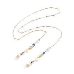 Colorful Brass Bar Link EyeGlass Chains, with Shell Pearl & Glass Beads, 304 Stainless Steel Findings, Rubber Loop Ends, Golden, Colorful, 29.33 inch(74.5cm)