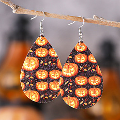 Yellow Halloween Wood Earrings, with Stainless Steel Earrings Hook, Teardrop with Pumpkin, Yellow, 75x35mm