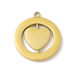 Golden 304 Stainless Steel Turnable Pendants, Hollow, Flat Round with Heart Charm, Golden, 28x24.5x2mm, Hole: 2.5mm