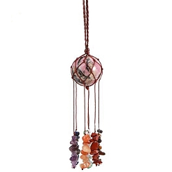 Rhodonite Round Natural Rhodonite Pouch Pendant Decorations, Braided Thread and Gemstone Chip Tassel Hanging Ornaments, 210x30mm