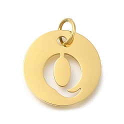 Letter Q Ионное покрытие (ip) 304 подвески из нержавеющей стали, с целью перехода в кольце, лазерная резка, плоский круглый с подвеской в виде буквы, реальный 18 k позолоченный, Буква Q, 20x1 мм, отверстие : 4.5 мм
