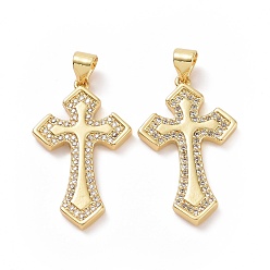 Золотой Латуни циркония кубической подвески, без кадмия и без свинца, религия крест прелести, золотые, 28x17x2.5 мм, отверстие : 3x5 мм