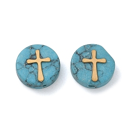 Cross Natural Turquoise Beads, Flat Round with 304 Stainless Steel Slice, Golden, Cross, 12x3.5mm, Hole: 0.8mm