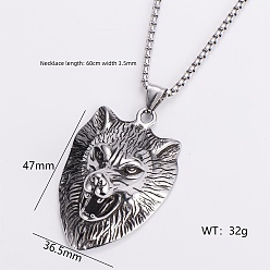 Wolf Gothic 316 Surgical Stainless Steel Pendant Box Chain Necklaces for Men, Silver Color Plated, Wolf, 23.62 inch(60cm)