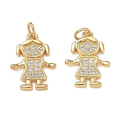 Real 18K Gold Plated Brass Micro Pave Clear Cubic Zirconia Pendants, Girl Charms, Rack Plating, Cadmium Free & Lead Free, Real 18K Gold Plated, 17.5x13x2.5mm, Hole: 3.5mm