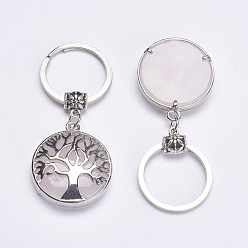Rose Quartz Natural Rose Quartz Keychain, with Brass Finding, Flat Round with Tree of Life, 64mm