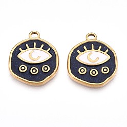 Полуночно-синий 304 нержавеющей стальной эмали подвески, плоский круглый с шармом в виде глаз, ионное покрытие (ip), реальный 18 k позолоченный, темно-синий, 20.3x18x2 мм, отверстие : 2 мм