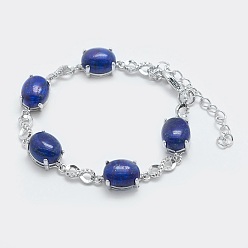 Lapis Lazuli Natural Lapis Lazuli Link Chain Bracelets, with Brass Findings, Real Platinum Plated, Oval and Infinity, 5-3/4 inch~6 inch(14.5~15cm)