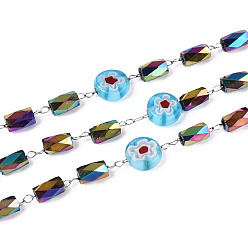 Светло-Голубой 304 цепные цепи из нержавеющей стали, с гранёными стеклянными бусинами бочкообразной формы и техникой миллефиори, выполненной методом выдувания стекла., плоские круглые с цветочным узором, пайки, с катушкой, цвет нержавеющей стали, Небесно-голубой, 6~6.5x2~2.5 мм
