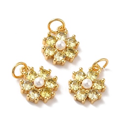 Yellow Rack Plating Brass Micro Pave Cubic Zirconia Charms, with Pearl, Cadmium Free & Lead Free, Real 18K Gold Plated, Flower, Yellow, 12.5x10.5x4mm, Hole: 3.6mm