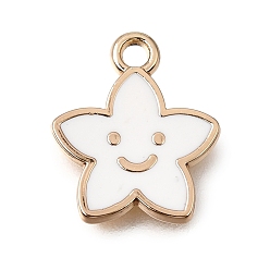 White Alloy with Enamel Charms, Star with Smiling Face Charms, Rack Plating, Golden, White, 14x12x1.5mm, Hole: 1.6mm
