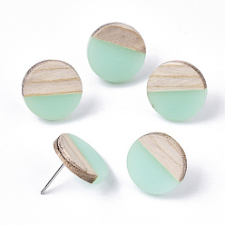Аквамарин Серьги из смолы и дерева, с 304 штифта из нержавеющей стали, плоско-круглые, аквамарин, 15 мм, штифты : 0.7 мм