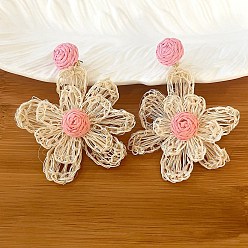 Pink Серьги-гвоздики из богемской рафии с льном, полукруглый с цветком, розовые, 75x60 мм