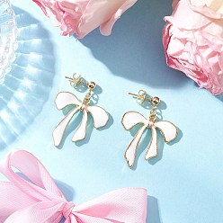 Белый Серьги-гвоздики с бантом из сплава с эмалью, с 304 нержавеющей сталью и латунью, золотые, белые, 35x26 мм