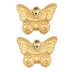 Chapado en Oro Real 18K 304 encantos de acero inoxidable, dijes de mariposa martillados, revestimiento de iones (ip), real 18 k chapado en oro, 10.5x13.5x2.2 mm, agujero: 1 mm